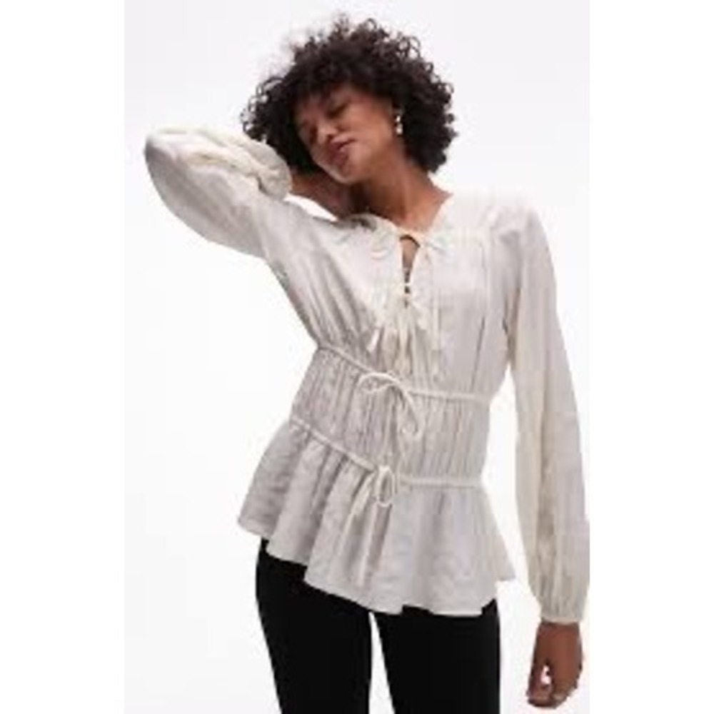 Topshop Ivory Tie Front Smocked Peplum Blouse Long Balloon Sleeve US 12